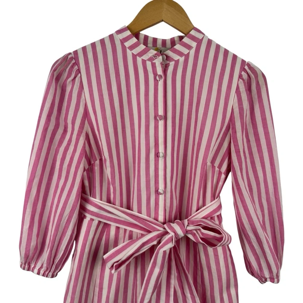 BODEN Puff Sleeve Cotton Pink White Striped Dress Button Down Ruffle Hem SZ 2 - Picture 3 of 16